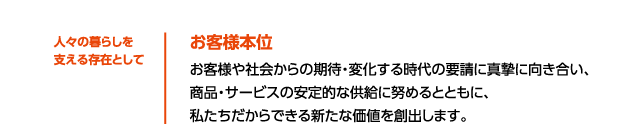 人々の暮らしを支える存在として大切にしたい価値観　お客様本位　お客様や社会からの期待・変化する時代の要請に真摯に向き合い、商品・サービスの安定的な供給に努めるとともに、私たちだからできる新たな価値を創出します。